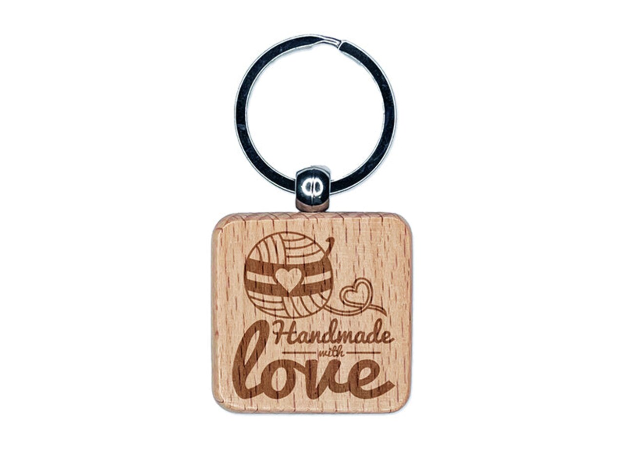 Handmade With Love Crochet Yarn Engraved Wood Square Keychain Tag Charm